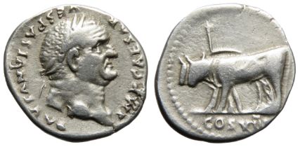 Vespasian Denarius. Rome, 77-8 AD. Silver, 2.91g 18mm. Laureate head right, IMP CAESAR VESPASIANVS