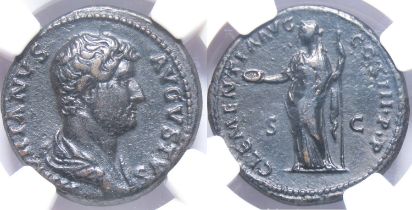 Hadrian, 117-138 AD. AE as. NGC Choice VF. Rome, AD 132-134. HADRIANVS-AVGVSTVS, bare-head, draped