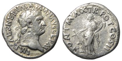 Trajan Denarius. 2.22g. Laureate bustright, IMP CAES NERVA TRAIAN AVG GERM. R. PONT MAX TR POT COS