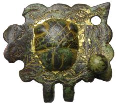 12th Century Hanger. Circa 12th-13th century AD. Copper-alloy, 16.93g. 43mm. A large composite