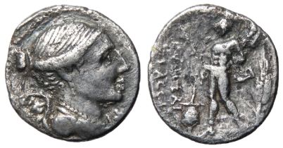 L Valerius Flaccus Denarius. Rome 108 BC. 3.40g. 19mm. Draped and winged bust of Victory right. R.