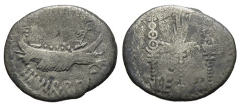 Mark Anthony Denarius. Circa 1st century BC. Silver, 3.21g. 18mm. Galley right, ANT AVG III VIR R