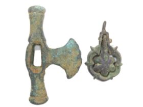 Medieval Artefact Group (2). Circa 14th century AD. 39mm & 60mm. A bronze dagger quillon and a two