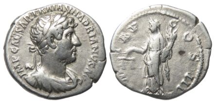 Hadrian Denarius. 3.06g. Laureate and draped bust right, IMP CAESAR HADRIANVS AVG. R. P M TR P COS