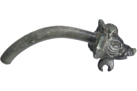 Roman boar's headed terminal. Circa 1st-2nd century CE. 91mm. A large bronze section from a lamp - Image 1 of 2