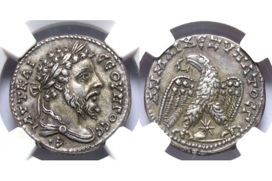 SYRIA. Laodicea ad Mare. Septimius Severus, 193-211 AD. Silver tetradrachm, 26mm. 12.98g. NGC XF 5/5 - Image 1 of 2