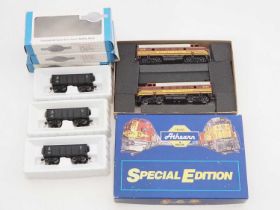 A group of HO gauge American Outline rolling stock comprising: an ATHEARN Class F7A diesel