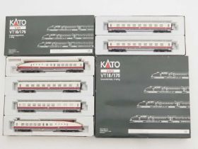 A KATO HO gauge German Outline VT18 4-car diesel railcar set together with a 2-car expansion