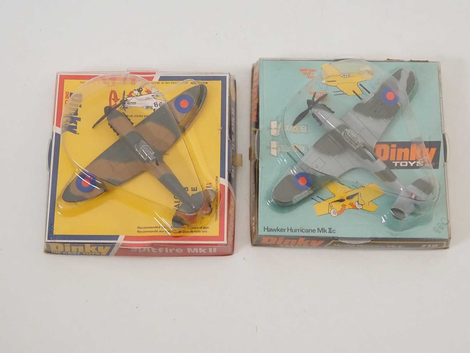 A pair of DINKY diecast aircraft comprising: a 718 Hawker Hurricane and a 741 Spitfire - VG in G/