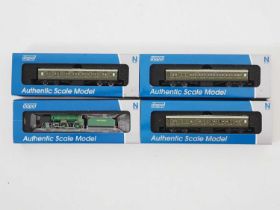 A group of DAPOL N gauge model railway rolling stock comprising: a Schools Class steam locomotive '