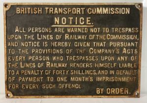 RAILWAYANA - A large cast iron British Transport Commission trespass warning notice, 29" x 20" ***