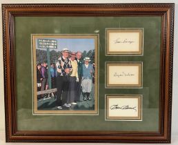 AUTOGRAPHS - Three golf legends autographs in a presentation display with autograph cards and