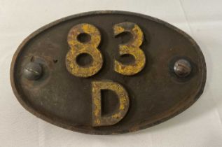 RAILWAYANA - A BR steam locomotive shed code plate for 83D Laira shed