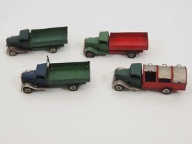 A group of vintage TRIANG MINIC clockwork lorries comprising 3 x open backed examples and a refuse