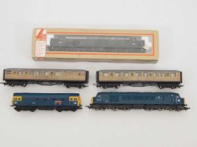 A group of OO gauge diesel locomotives by LIMA and MAINLINE together with a pair of HORNBY coaches -