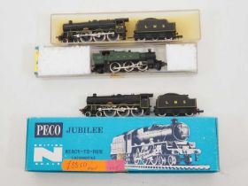 A pair of PECO N gauge Jubilee Class steam locomotives in BR black livery (one in original box)