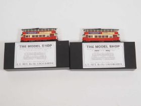 A pair of CORGI OOC London 1:76 (OO) diecast London Feltham trams, one motorised with a BEC kits