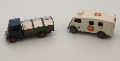 A pair of TRIANG MINIC clockwork tinplate vehicles comprising an ambulance and a refuse truck - G (