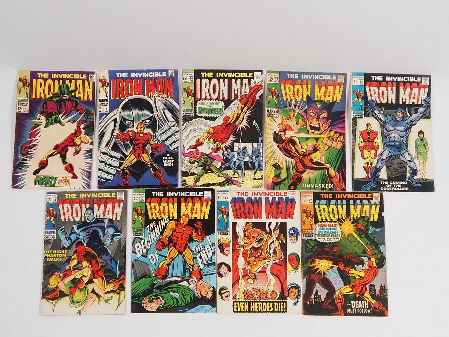 IRON MAN #5, 8, 10, 11, 12, 14, 17, 18, 22 (9 in Lot) - (1968/1970 - MARVEL - US & UK Price Variant)