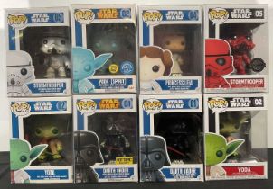 STAR WARS - A group of 8 Funko Pops comprising of Darth Vader 01 blue box, Darth Vader 01 Chrome,