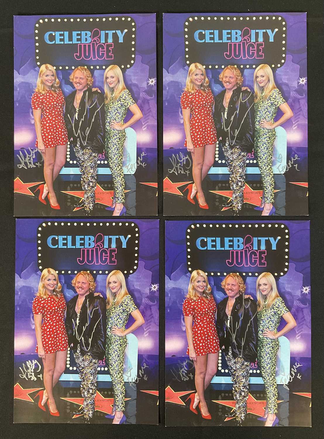 A group of 4 Celebrity Juice promotional posters (21cm x 30cm) signed by FERNE COTTON, KEITH LEMON