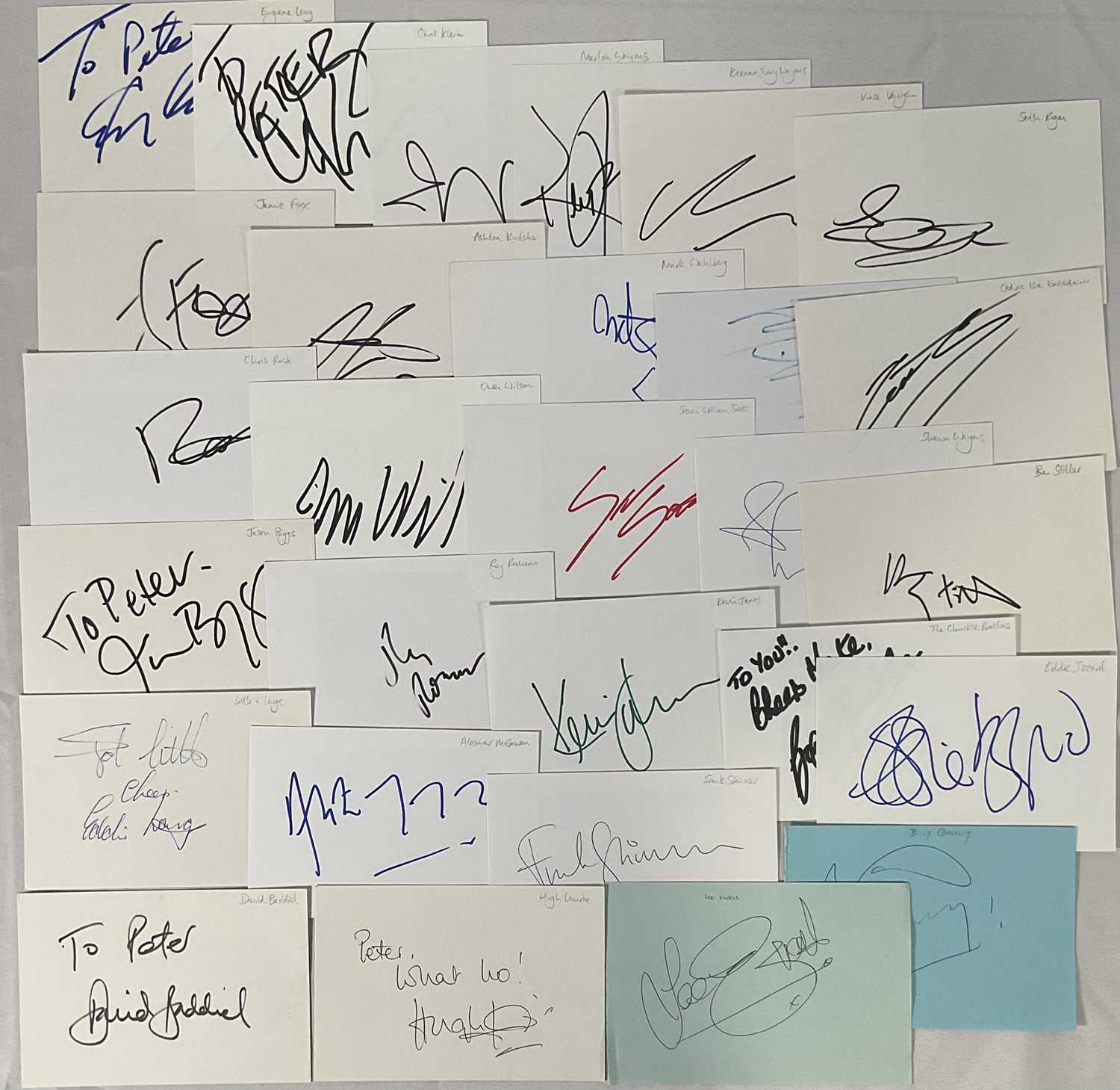 A collection of male comedy actors and comedians autographs on card to include EUGENE LEVY, CHRIS