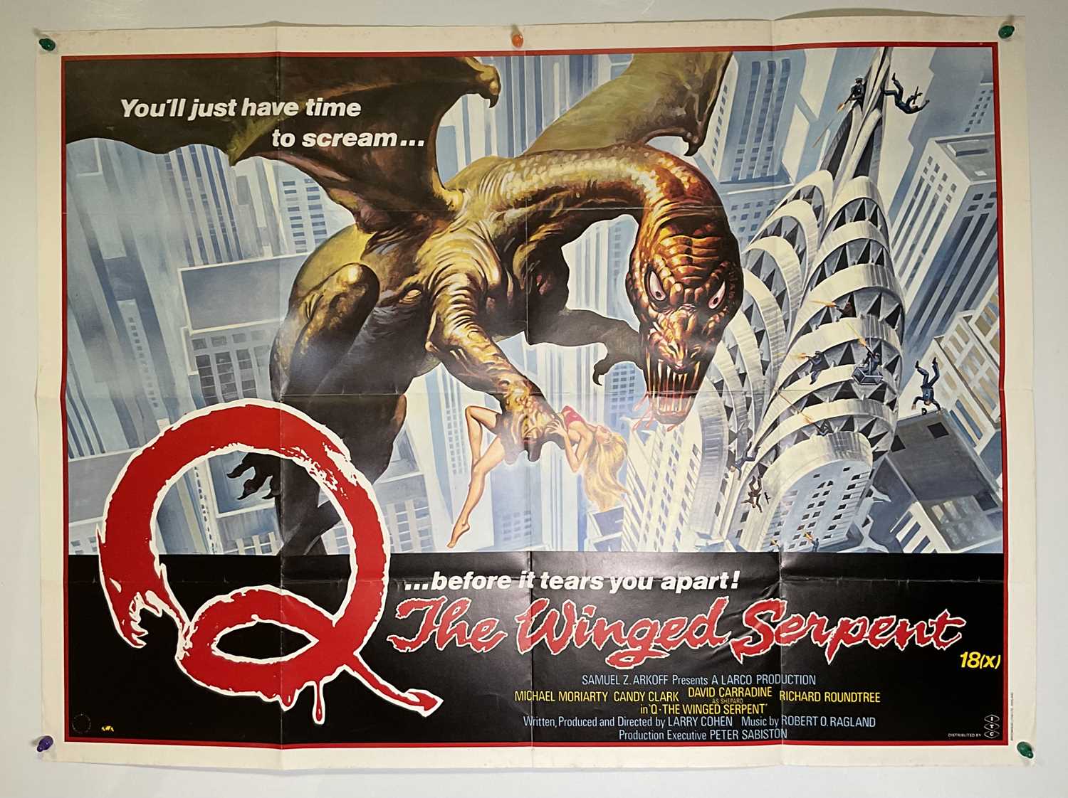 Q: THE WINGED SERPENT (1982) UK Quad film poster, artwork by Tom Chantrell, folded.