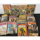 A large quantity of WHITE DWARF, Games Workshop magazines, together with hardback rulebooks /