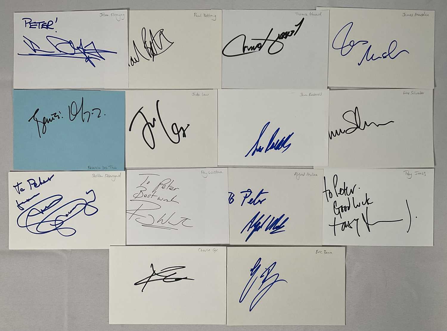 A group of autograph cards signed by actors who have appeared in Marvel movies comprising of PAUL