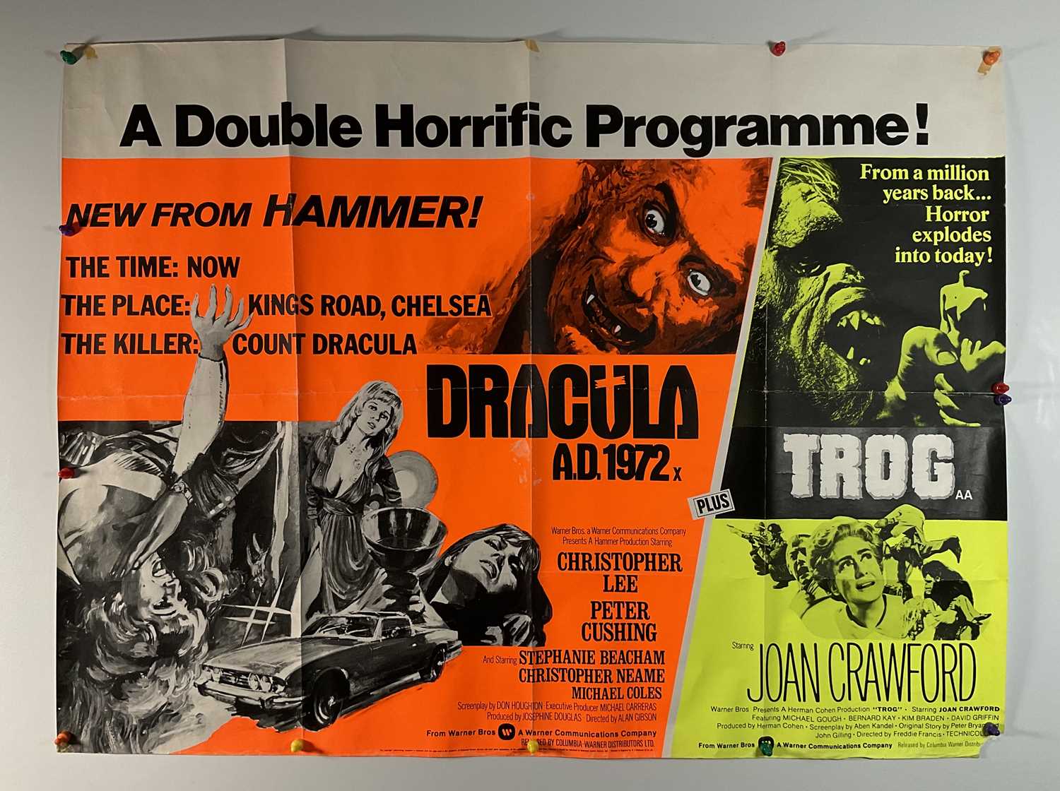 DRACULA A.D. 1972 / TROG (1972) Double-Bill UK Quad film poster, Tom Chantrell artwork classic