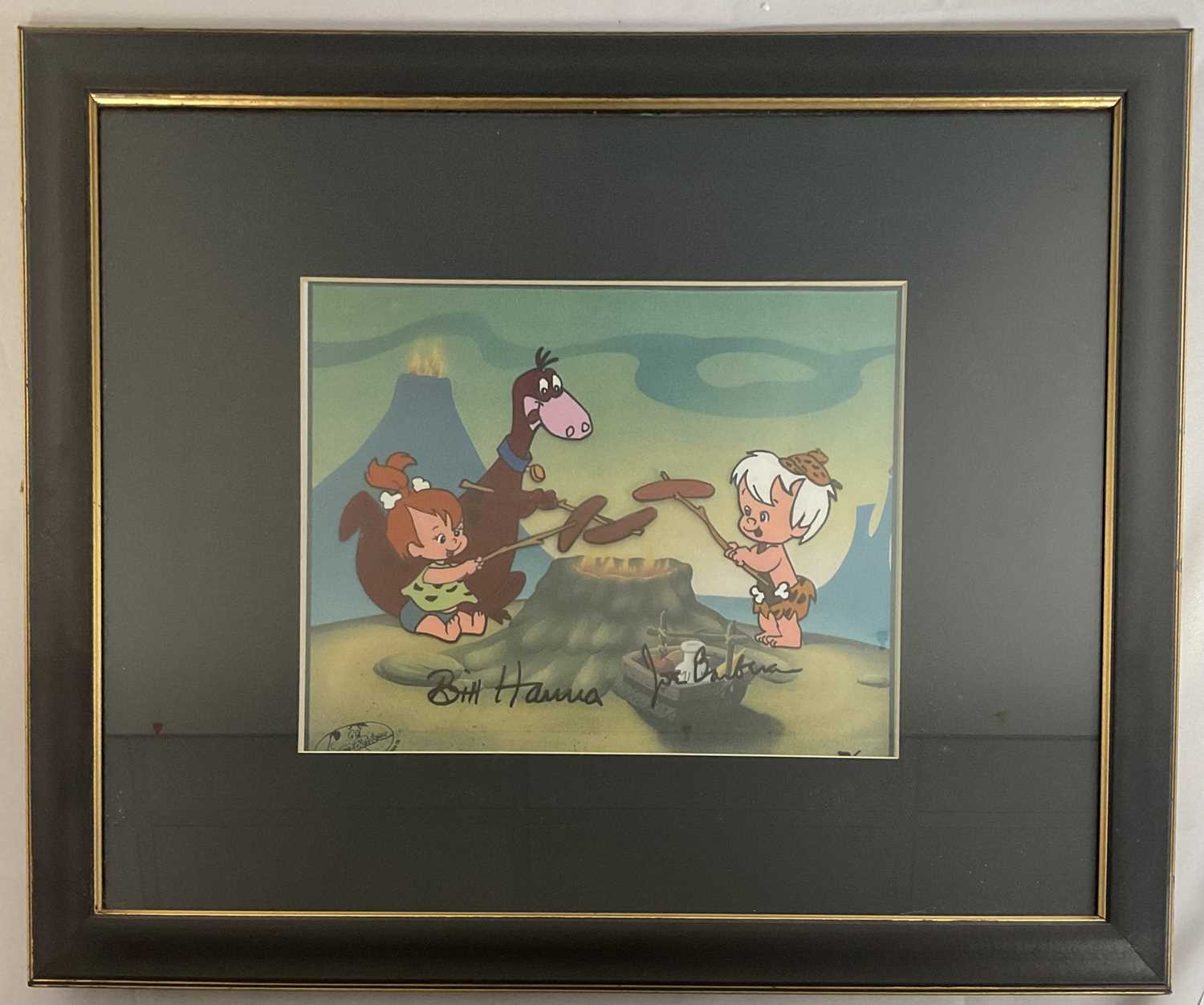 A hand painted animation cel signed by Flintstones creators Bill Hanna and Joseph Barbera. This - Image 2 of 2