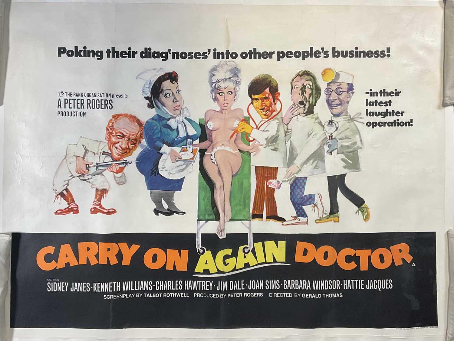 CARRY ON AGAIN DOCTOR (1969) Linen backed and restored UK Quad film poster, Peter Rogers classic