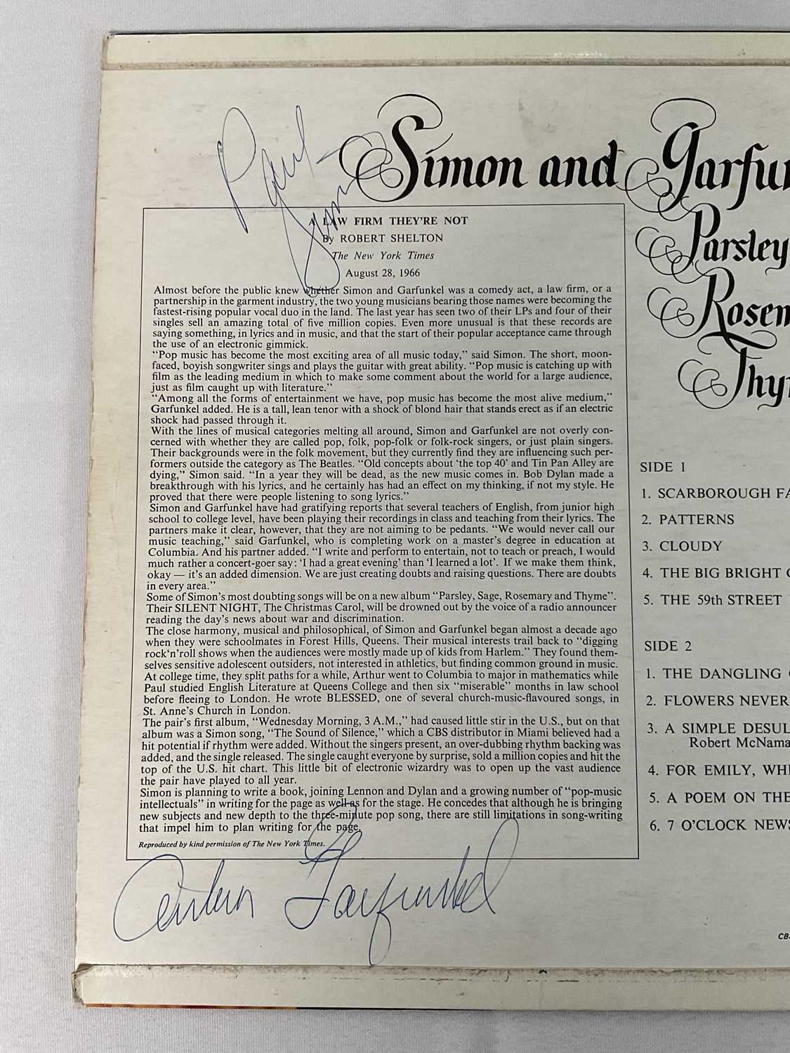 SIMON AND GARFUNKEL - A copy of Parsley, Sage, Rosemary and Thyme (1966) Vinyl LP signed in blue pen - Image 3 of 3