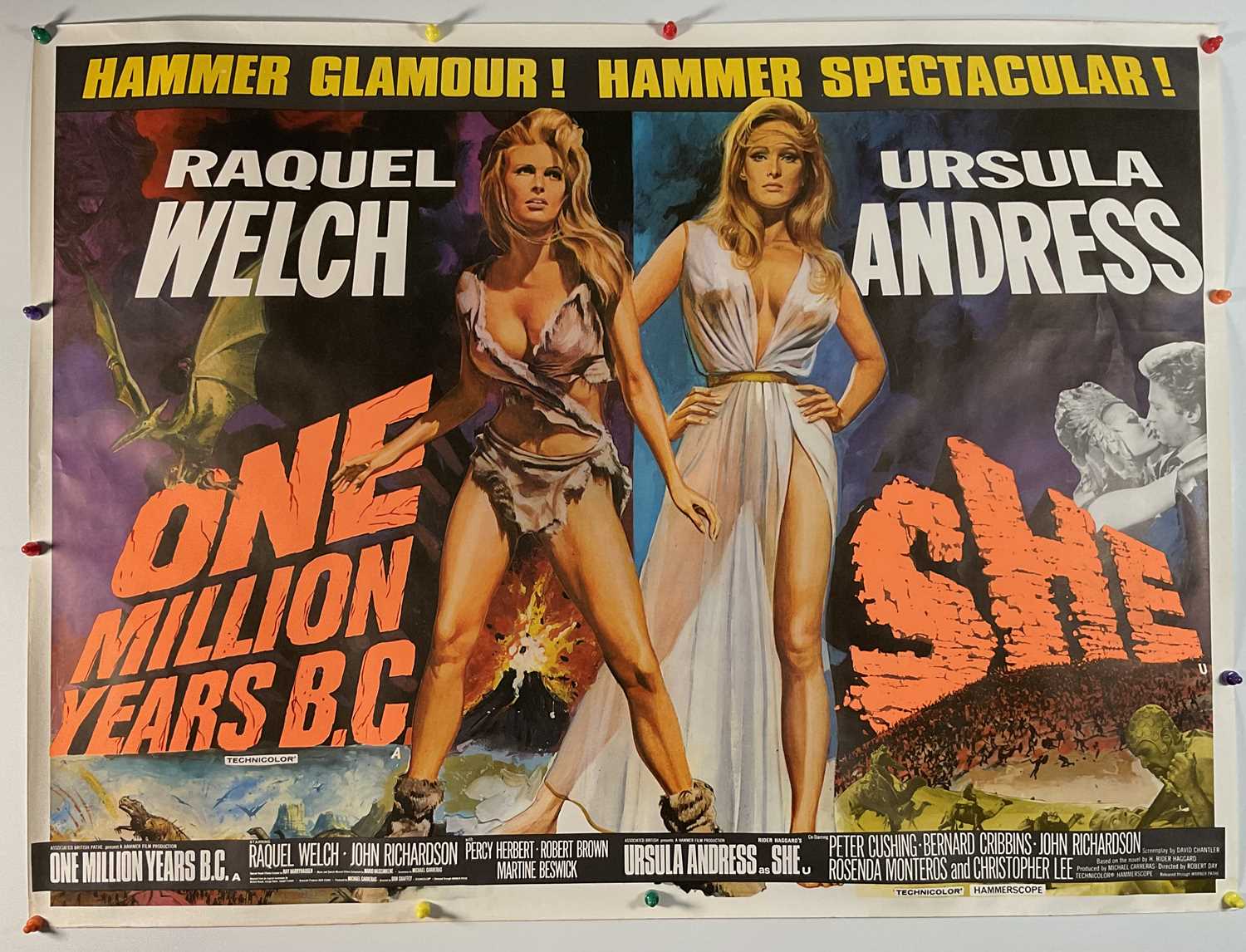ONE MILLION YEARS B.C. / SHE (1969) Double-Bill UK Quad film poster, classic Hammer film with Tom