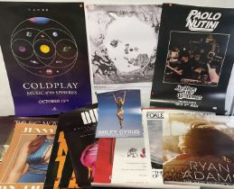 A quantity of Pop music album posters including RADIOHEAD, COLDPLAY, MILEY CYRUS, PAOLO NUTINI,