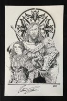 GAME OF THRONES - A black and white print of The Hound and Arya Stark signed by artist Steve