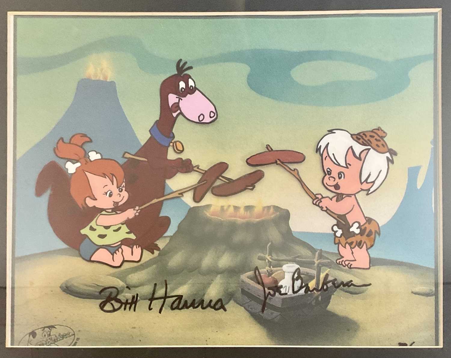 A hand painted animation cel signed by Flintstones creators Bill Hanna and Joseph Barbera. This
