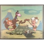 A hand painted animation cel signed by Flintstones creators Bill Hanna and Joseph Barbera. This