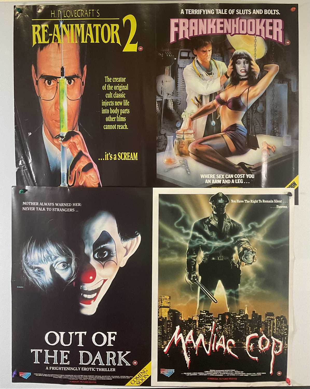 MANIAC COP (1988) and BASKET CASE 2 (1990) UK Video posters double-sided with FRANKENHOOKER (1990)