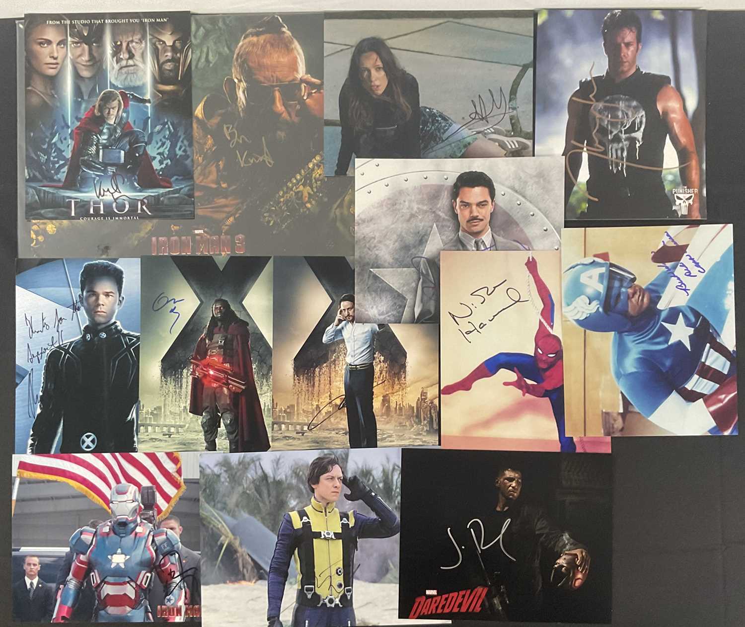 A group of MARVEL actor autographs to include a mini poster Signed by SIR BEN KINGSLEY (Iron Man 3),