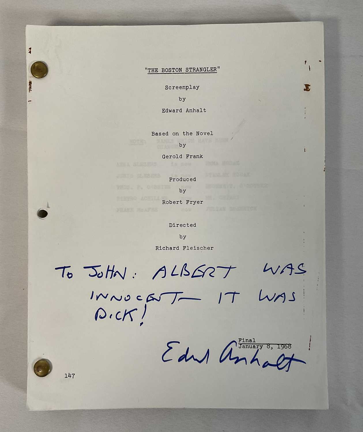 A group of autographed screenplays signed by writer EDWARD ANHALT including THE BOSTON STRANGLER ( - Image 3 of 4