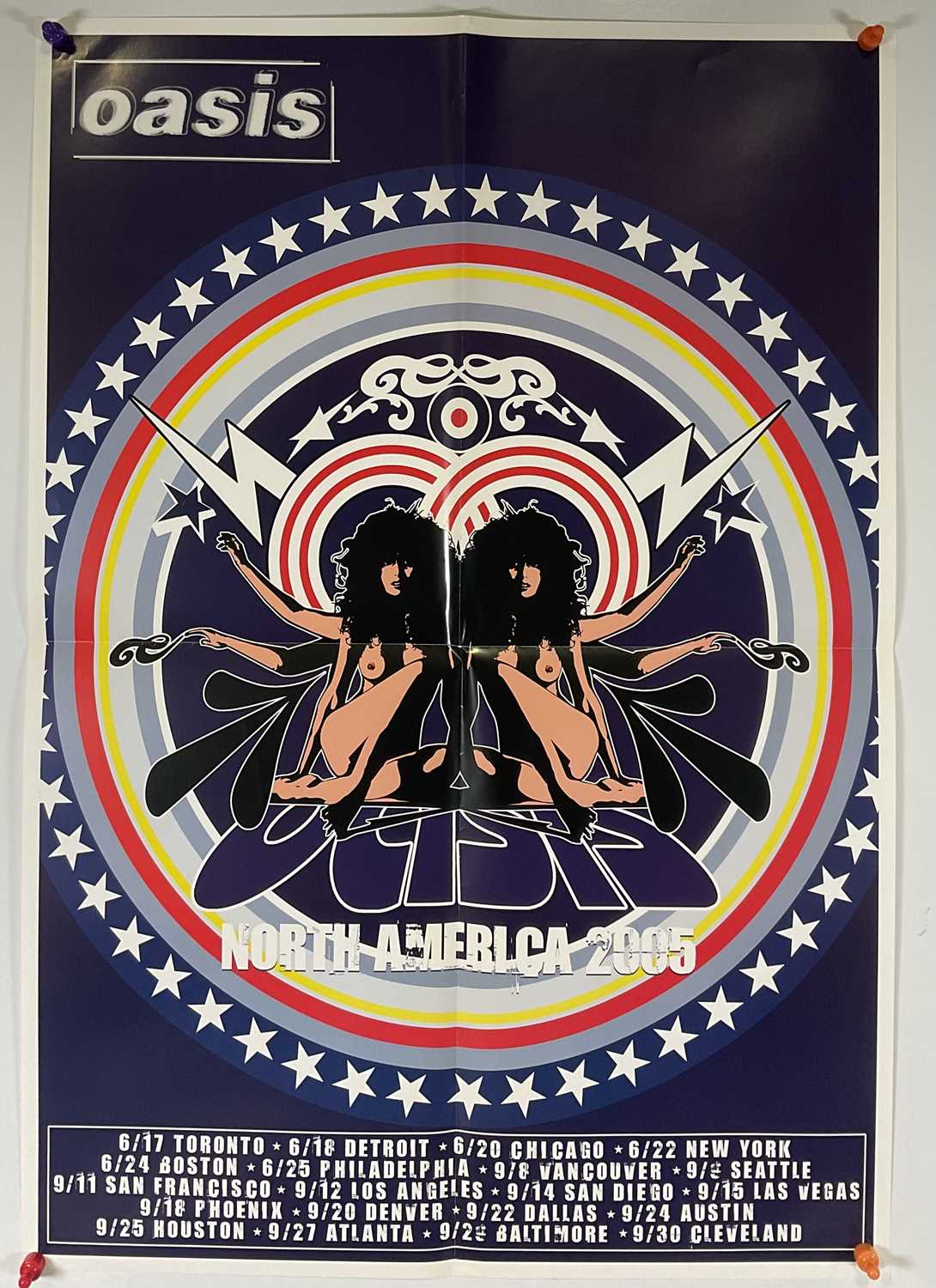 A tour poster for the 2005 OASIS tour of North America, 69.5cm x 48cm, folded.