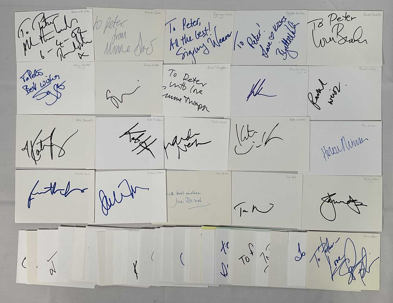 A large group of autograph cards signed by Hollywood Actresses to include ROSAMUND PIKE, MINNIE