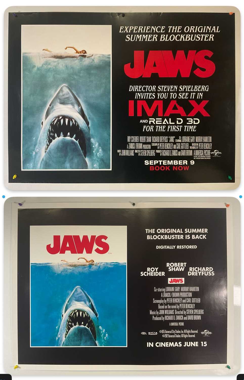 JAWS (2012) 2 UK Quad film posters and the 2022 IMAX release - classic Roger Kastel artwork, rolled
