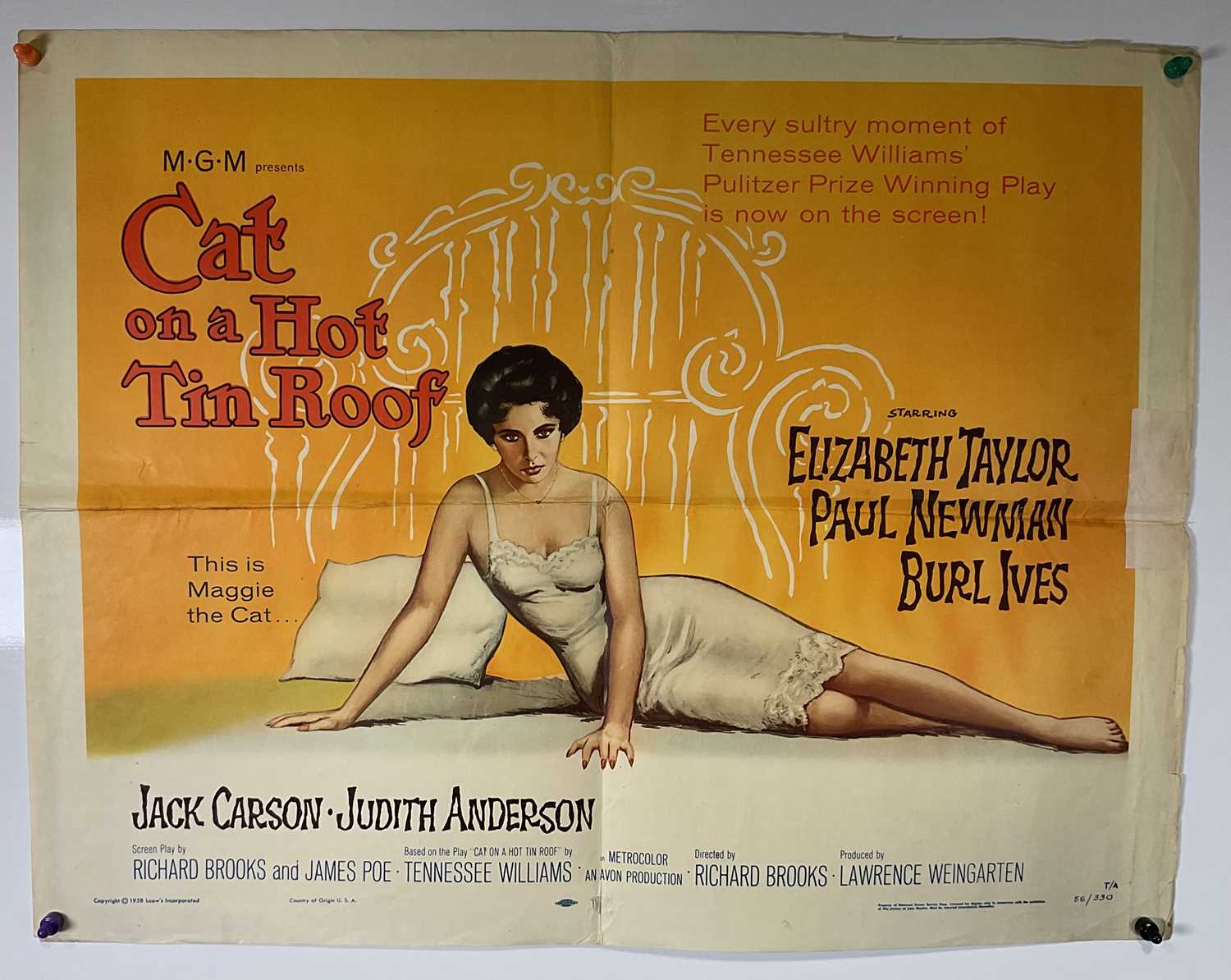 CAT ON A HOT TIN ROOF (1958) US half sheet film poster for the Elizabeth Taylor Drama, artwork by