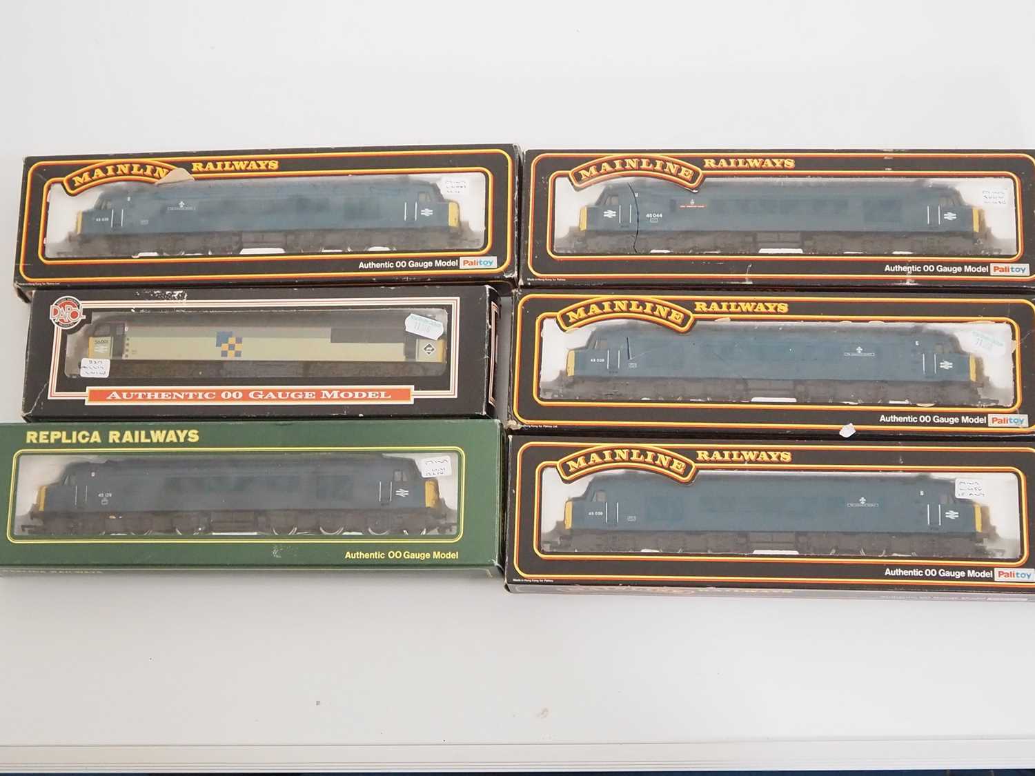 A group of OO gauge class 45 diesel locomotives by MAINLINE and REPLICA, all in BR blue livery, some