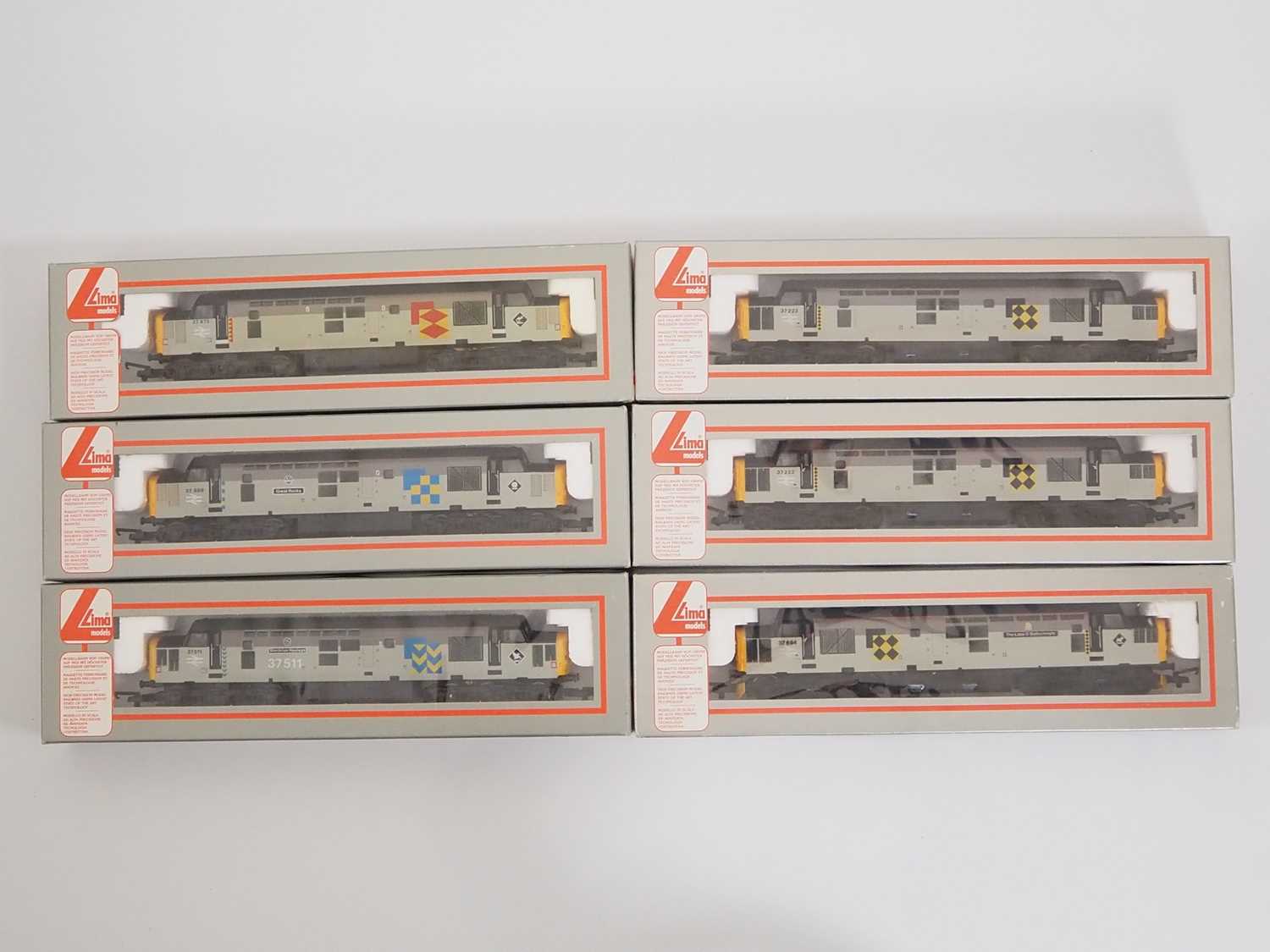 A group of LIMA OO gauge class 37 diesel locomotives in Railfreight Sector liveries (one duplicate