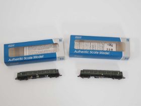 A pair of DAPOL N gauge class 121 single car railcars (one motorised, one dummy) both in BR green