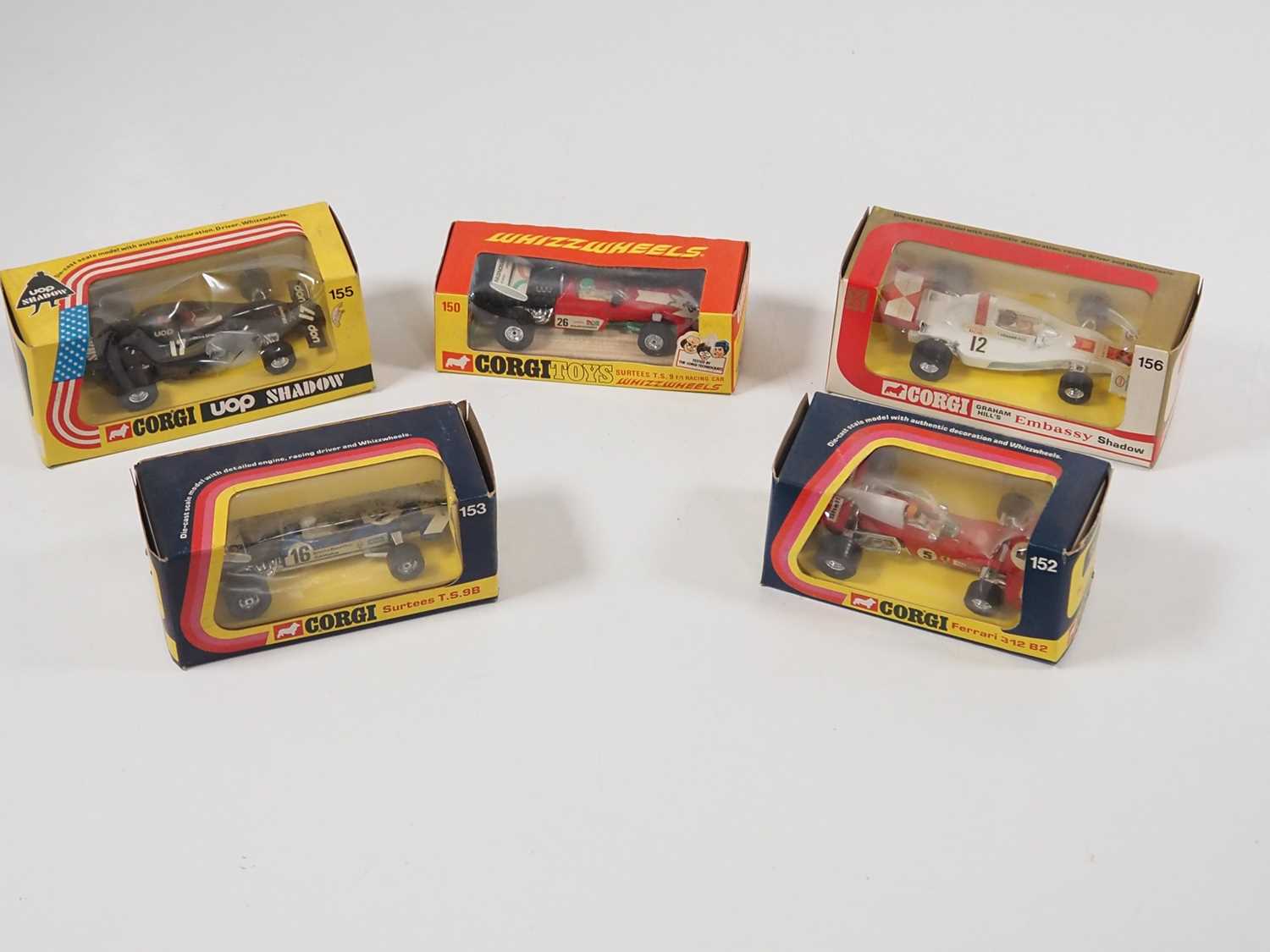 A group of CORGI diecast Formula 1 racing cars comprising numbers 150, 152, 153, 155 and 156 - VG in