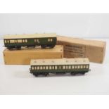 A pair of LEEDS MODEL COMPANY O gauge Southern Railway Suburban passenger coaches, one in original